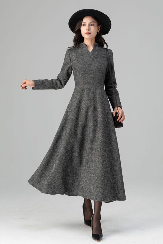 gray a line dress Grey Wool Maxi - A-Line Silhouette with Long Sleeves C5204 quality wool