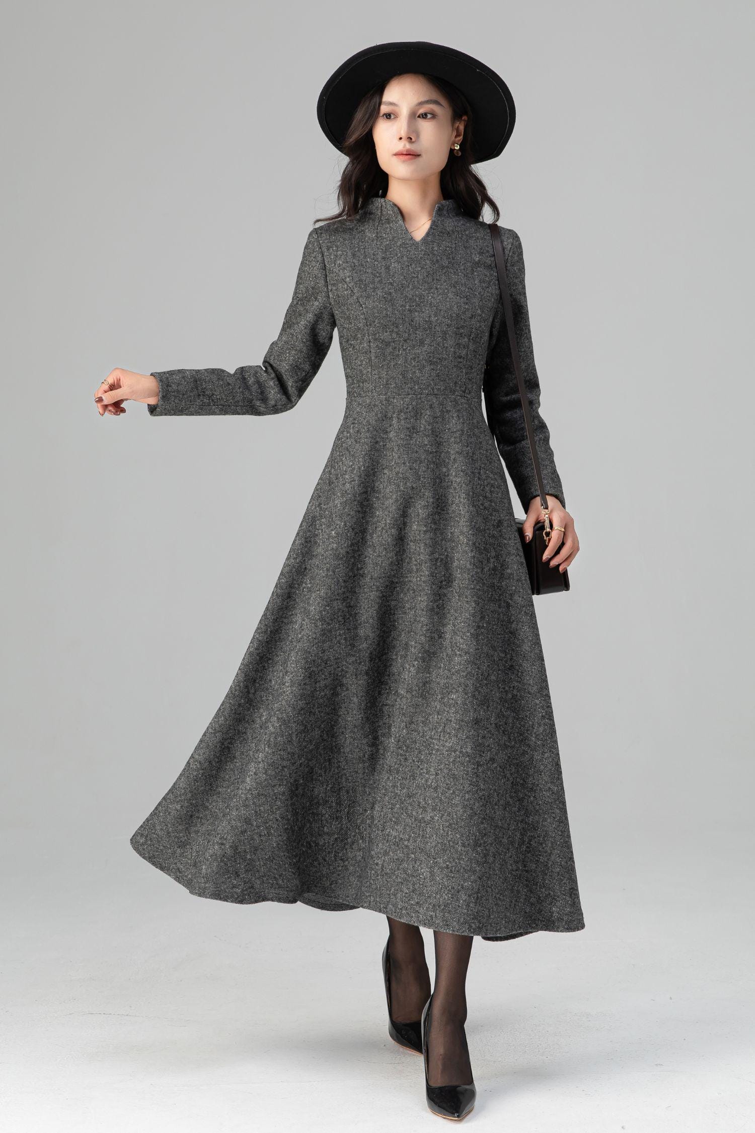 Minimalist Gray Wool Midi Dress: Women's Elegant A-Line Office Wear, Ylistyle C5204# Minimalist Gray Wool Midi Dress: Women's Elegant A-Line Office Wear, Ylistyle C5204#