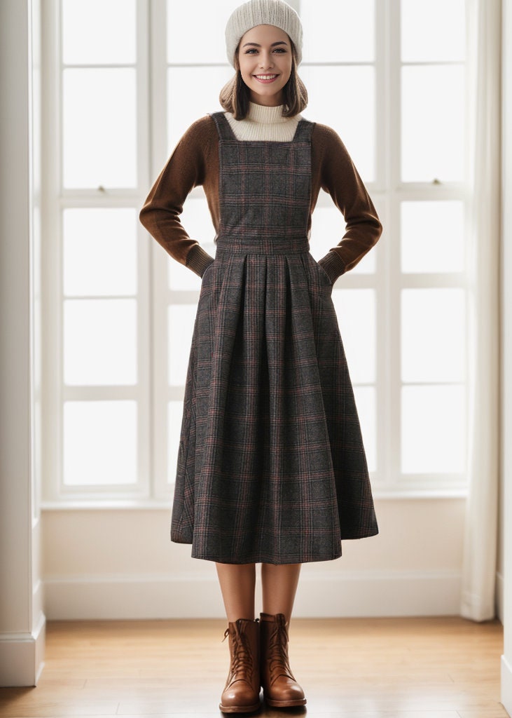 ジャケット・アウター SANDINISTA Easy Fit Wool Check Gown L Plaid Wool Midi Dress, Wool Pinafore Dress, Pleated Wool