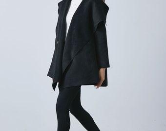 Black Wrap Coat, Wool Wrap Coat, Plus Size Coat, Black Wool Black Wrap Coat, Wool Wrap Coat, Plus Size Coat, Black Wool