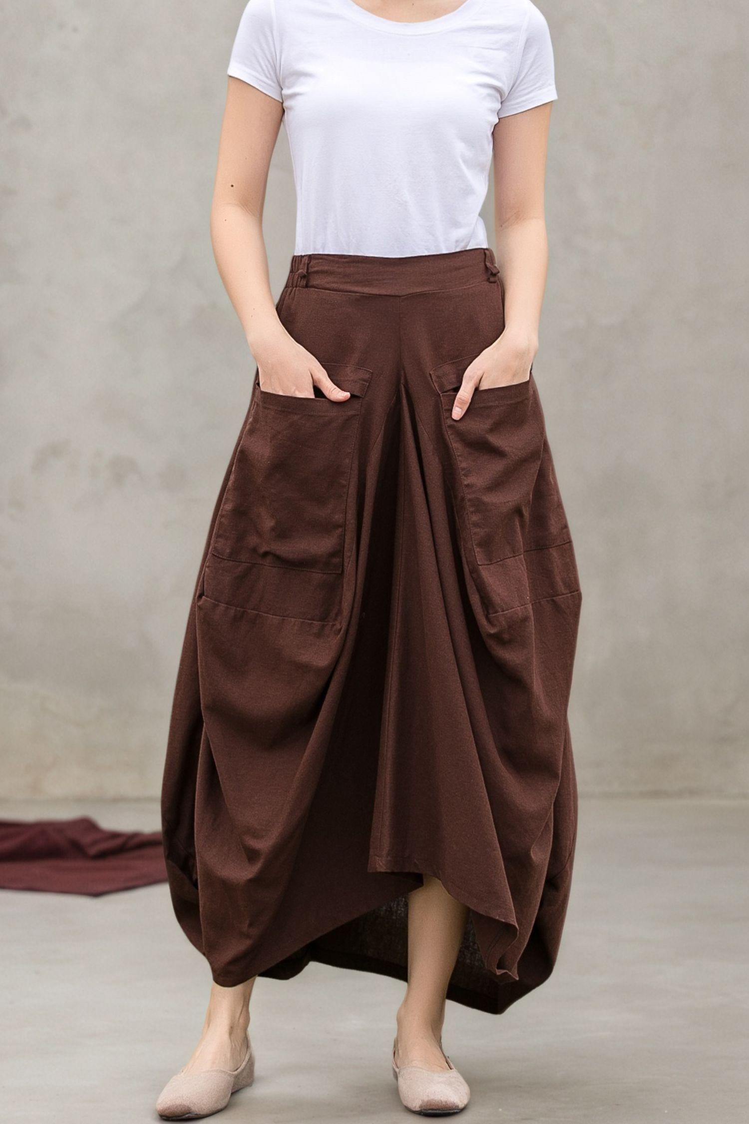Brown Linen Maxi Skirt: Asymmetrical Long Skirt With Pockets