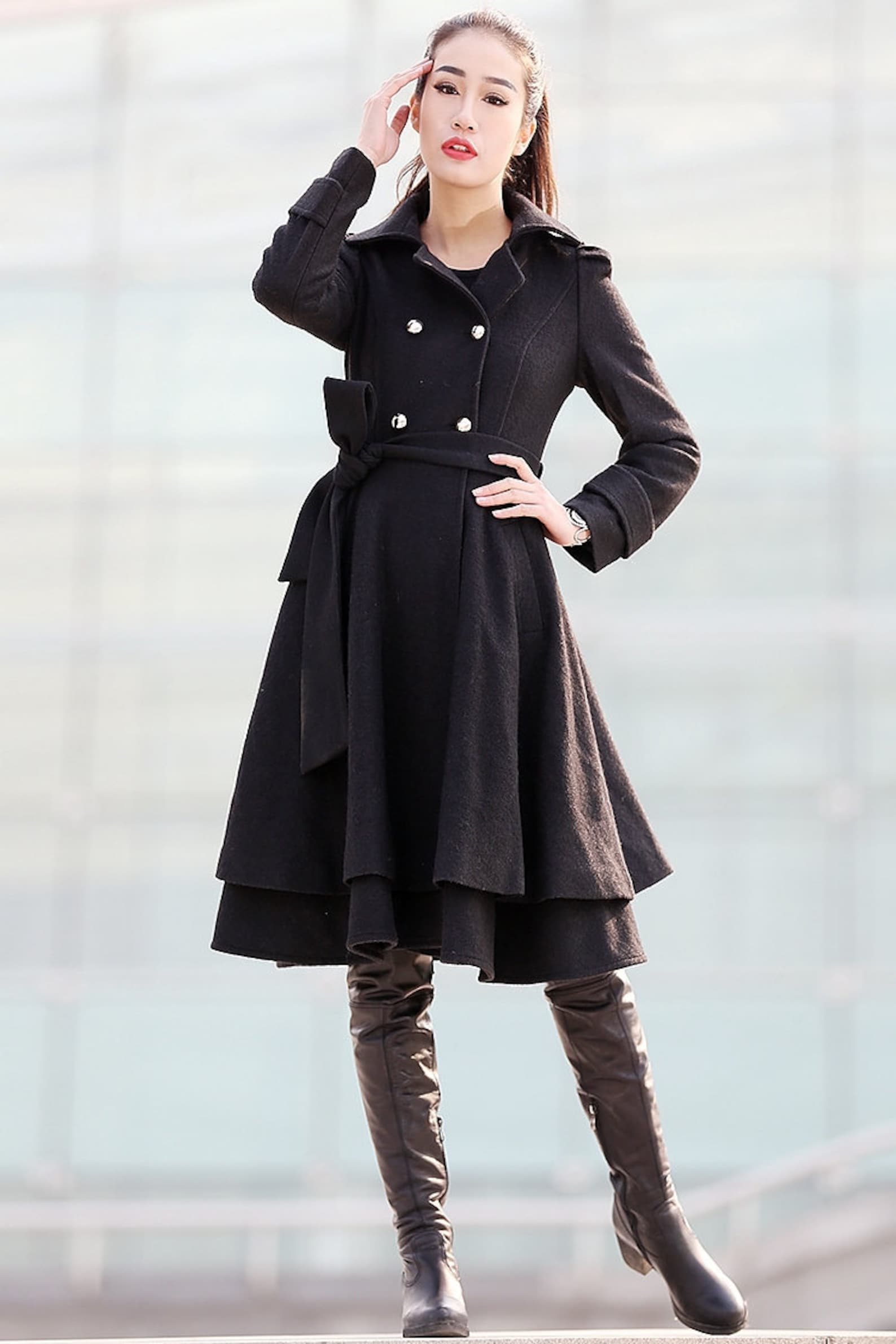 Black Wool Coat Fit and Flare Coat Knee Length Winter Coat Etsy UK