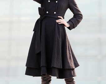 Black Wool Coat, Fit and Flare Coat, Knee Length Winter Coat