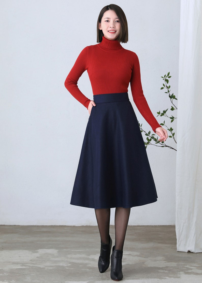 Wool skirt, Wool midi skirt, flare skirt, Swing A line skirt, women skirts winter, Elastic waist skirt, Gray wool skirt, Ylityle C1193 Blue-C2602