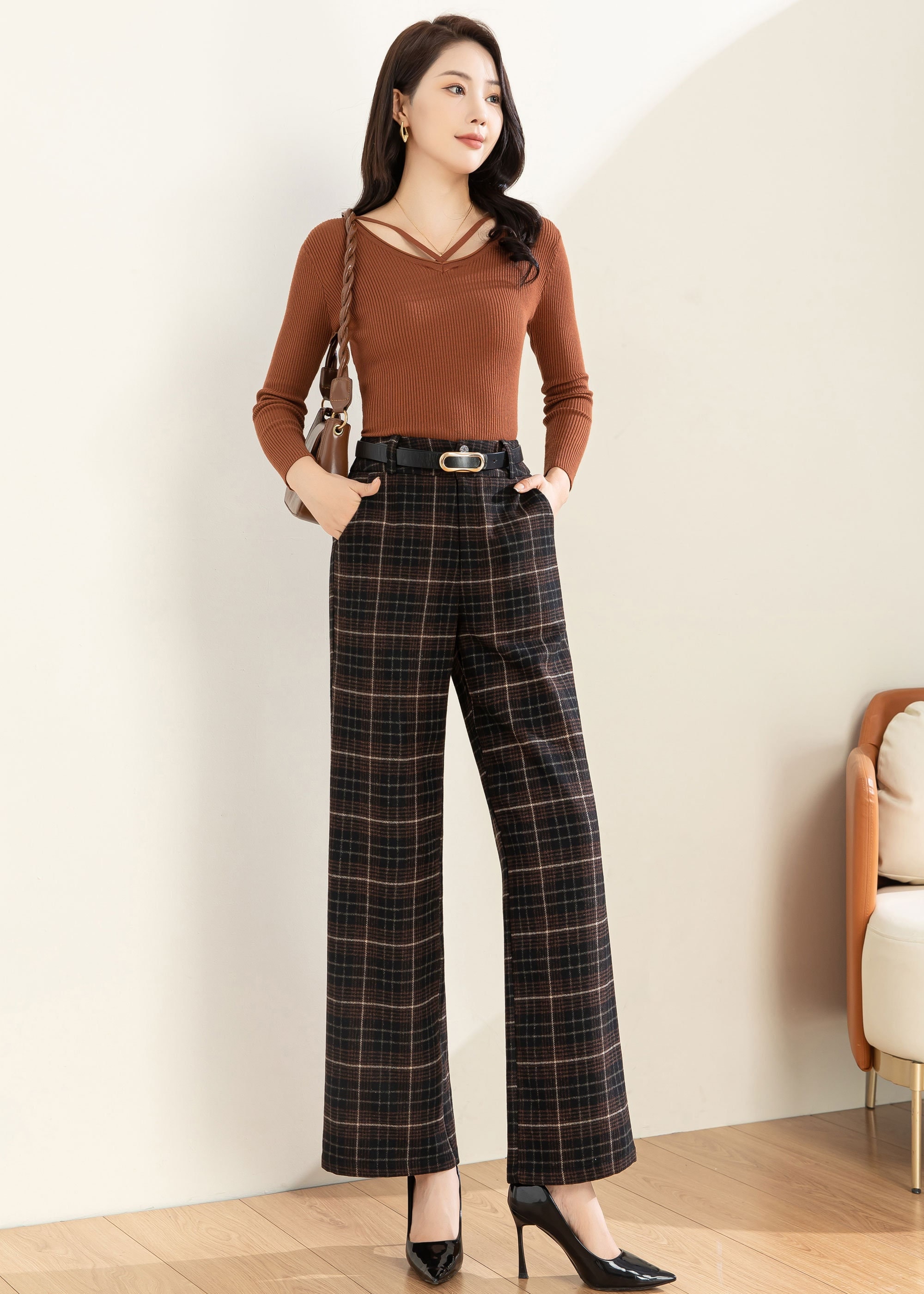 Vintage Soft Cotton Plaid Pants Women Plaid Pants Oversized Pants