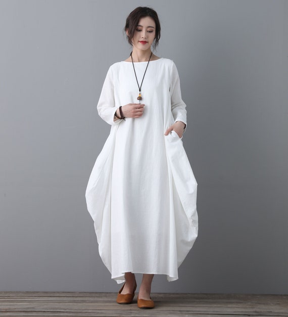 Long Linen Maxi Dress Long Sleeve Linen Dress White Dress - Etsy