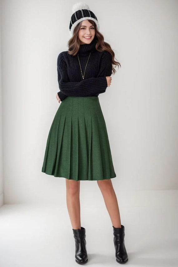 Wool Skirt, Green Wool Midi Skirt Women, Circle Pleated Wool