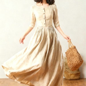 リネンドレス、レディースサマーリネンドレス、ハーフスリーブドレス、ボタンフロントドレス、スウィングドレス、リネンマキシドレス、カスタムドレス、Ylistyle C3207
