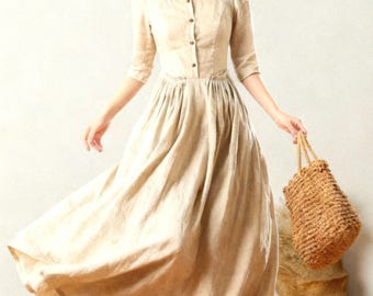 Linen Dress, Women's Summer Linen Dress, Half Sleeve Dress, Button Front Dress, Swing Dress, Linen Maxi Dress, Custom Dress, Ylistyle C3207