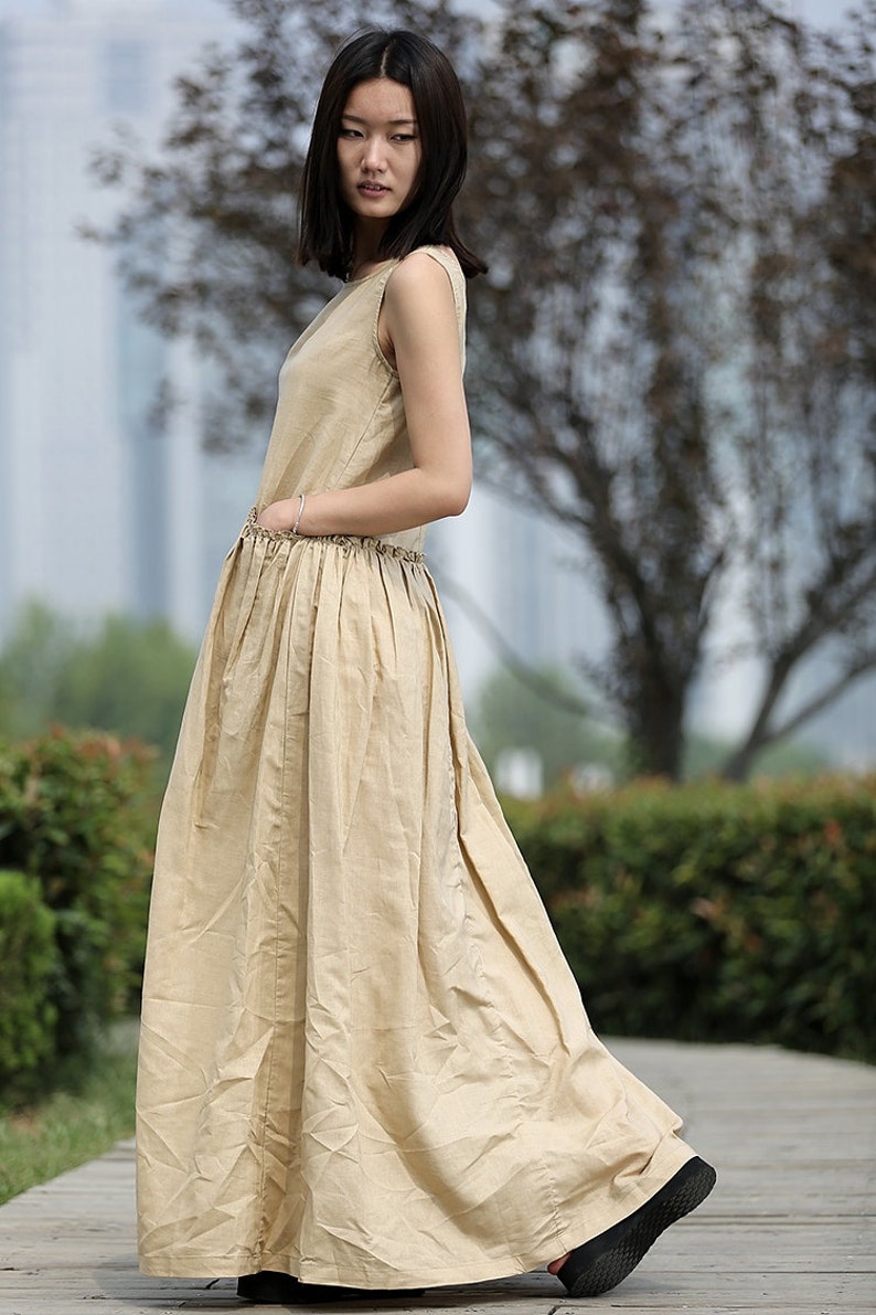 Maxi Linen Dress Beige Loose-Fitting Sleeveless Lagenlook | Etsy