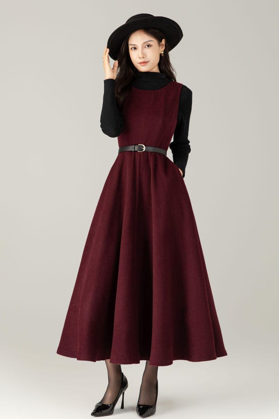 Burgundy Wool Maxi Dress: Sleeveless A-Line Swing Jumper, Ylistyle C5239