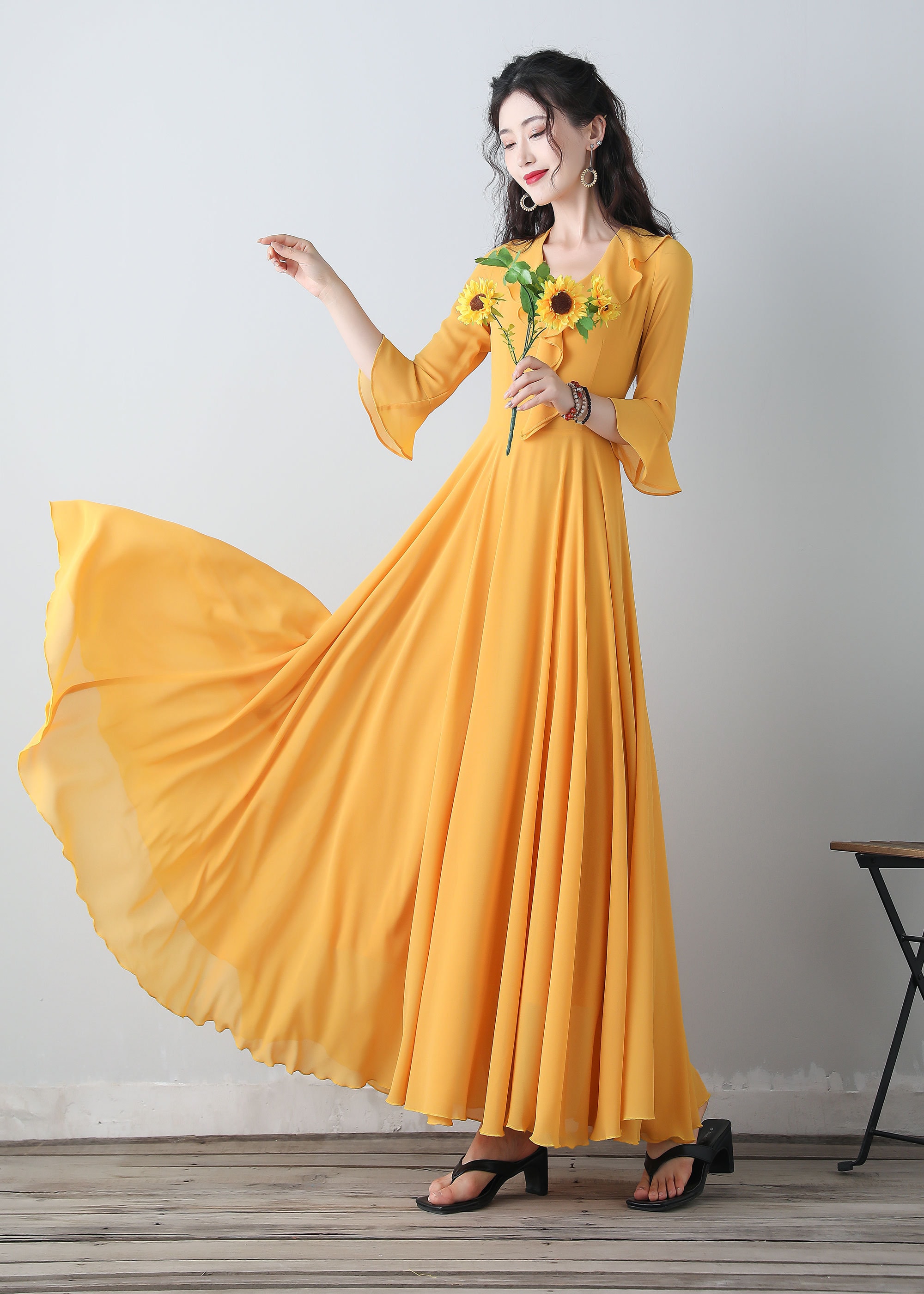 Yellow Chiffon Maxi Dress with Ruffle Details
