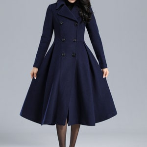 Wool coat, Green Long Wool Coat Women, Princess Coat, Swing Coat, Winter Trench Coat, Fit and Flare Coat, Double Breasted wool Coat C2469 2-Blue