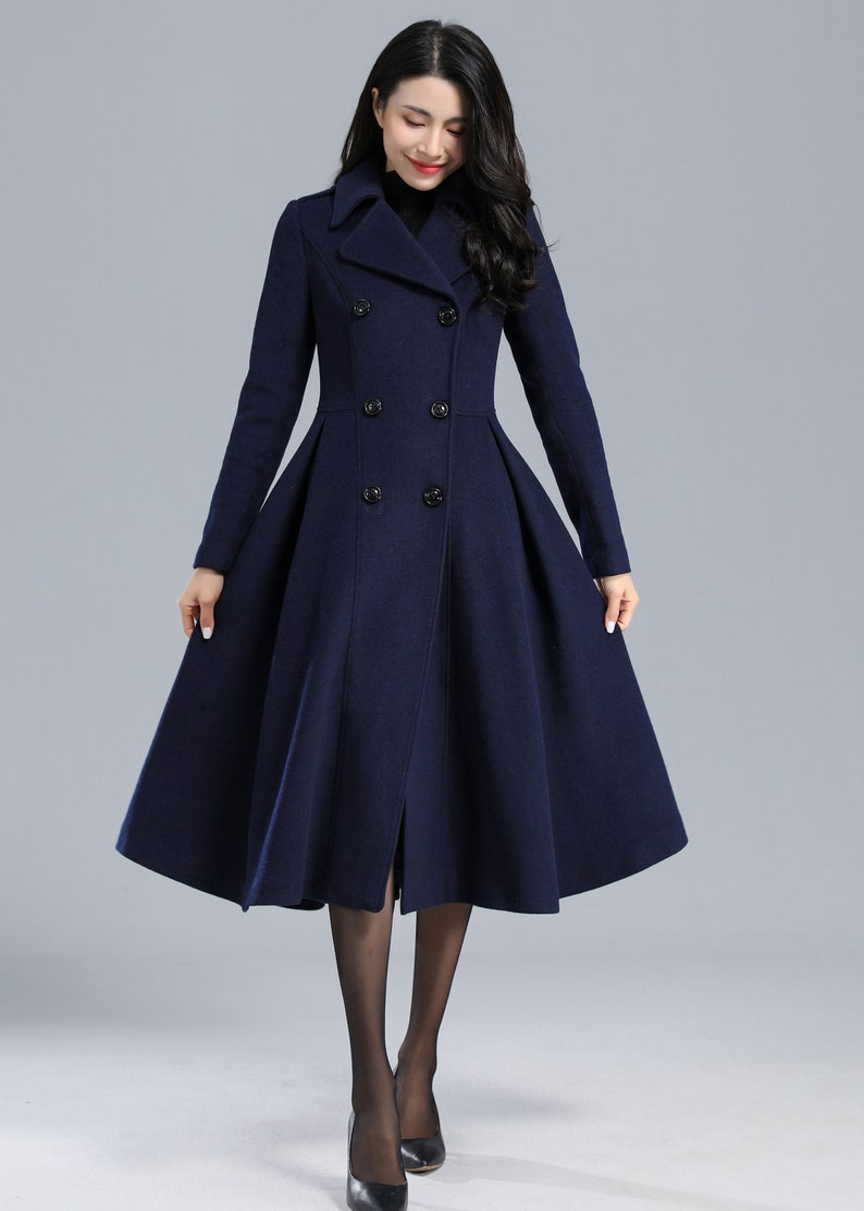 Wool coat, Green Long Wool Coat Women, Princess Coat, Swing Coat, Winter Trench Coat, Fit and Flare Coat, Double Breasted wool Coat C2469 2-Blue