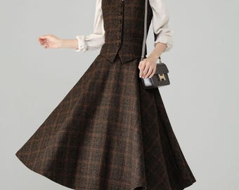 Brown Wool Blend Vintage Fit and Flare Two-Piece Outfit Above Knee, Custom, Ylistyle C5697