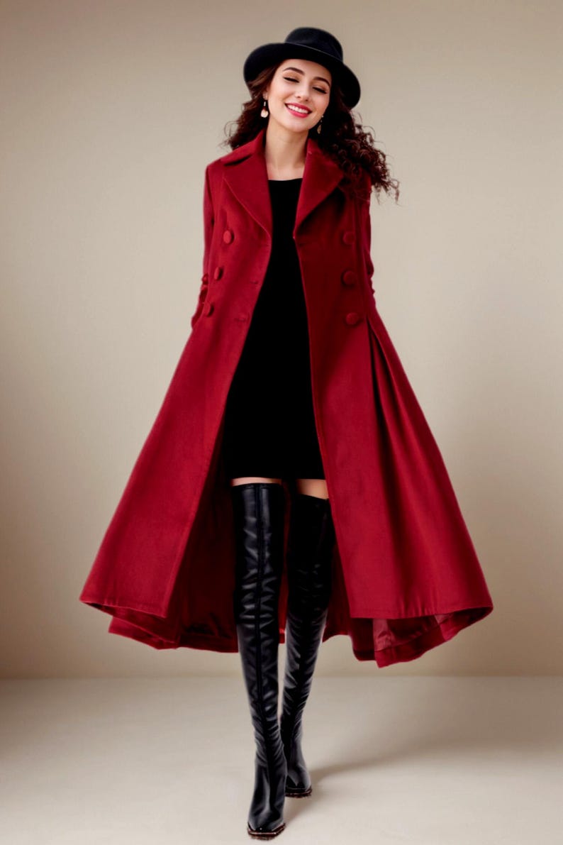 Abrigo de lana, abrigo de lana princesa, abrigo largo de lana, abrigo de lana de vestir, abrigo de invierno para mujer, abrigo de lana de corte A, abrigo hecho a mano, Ylistyle C3694 C1- red