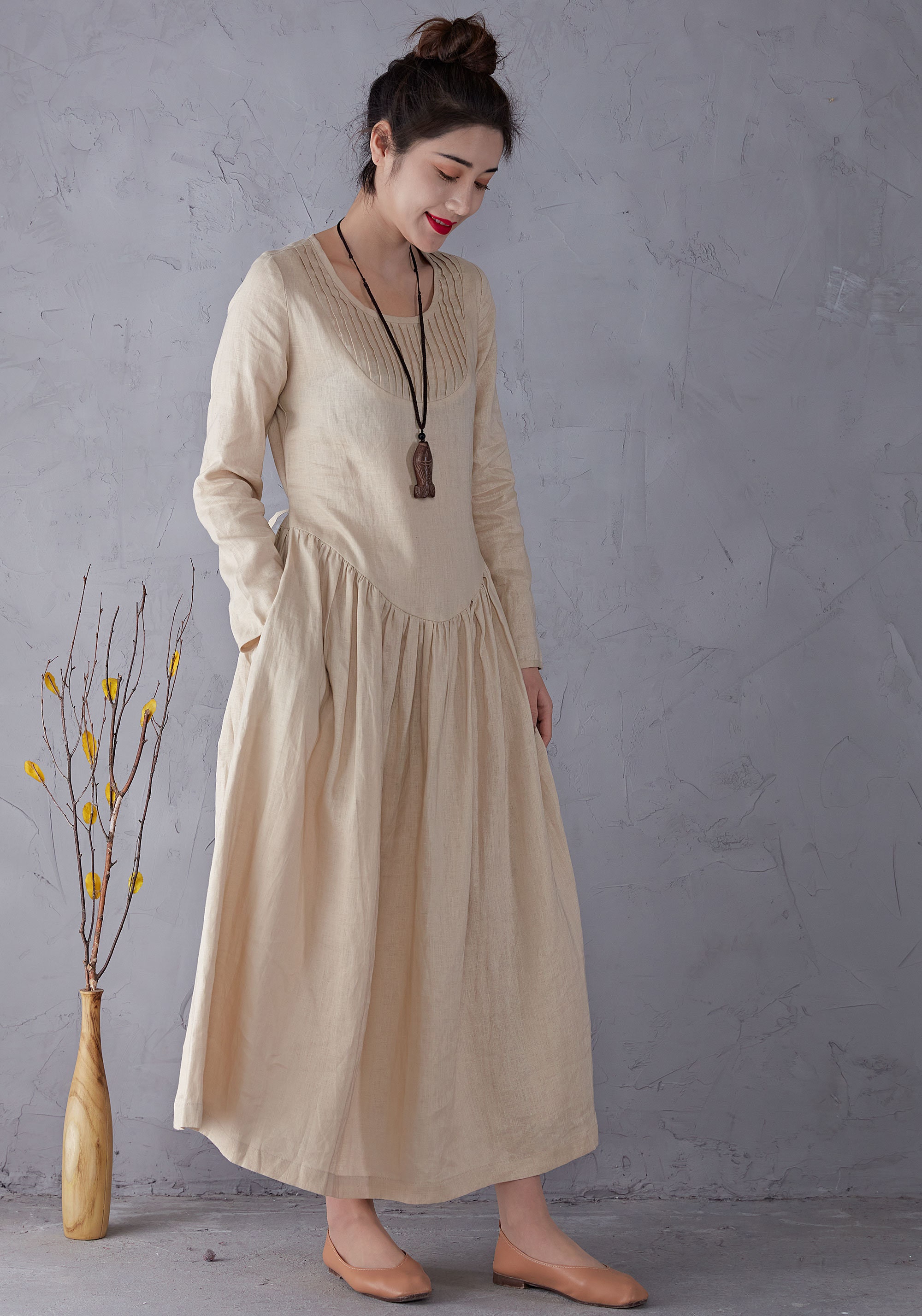 Linen Dress Beige Linen Dress Long sleeve Linen Dress Long | Etsy