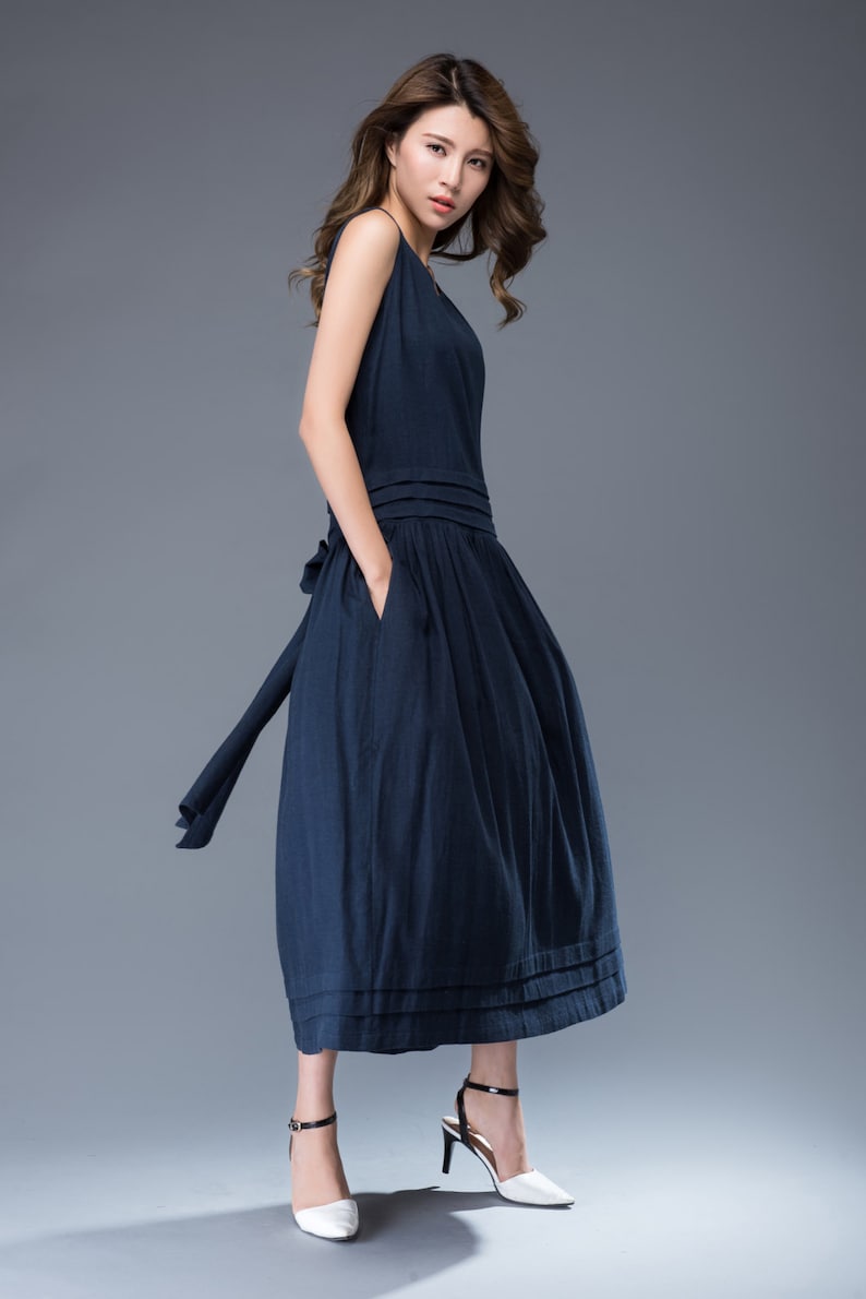 Linen Midi Dress Plain Classic Navy Blue Long Sleeveless Etsy