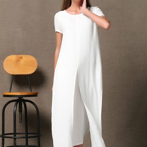 Short sleeve White maxi linen dress for women, summer cotton linen solid casual side slit ankle dress with pockets plus size C534 image 2