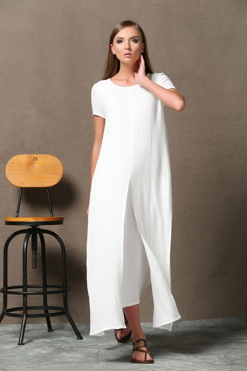 Short sleeve White maxi linen dress for women, summer cotton linen solid casual side slit ankle dress with pockets plus size C534 image 2