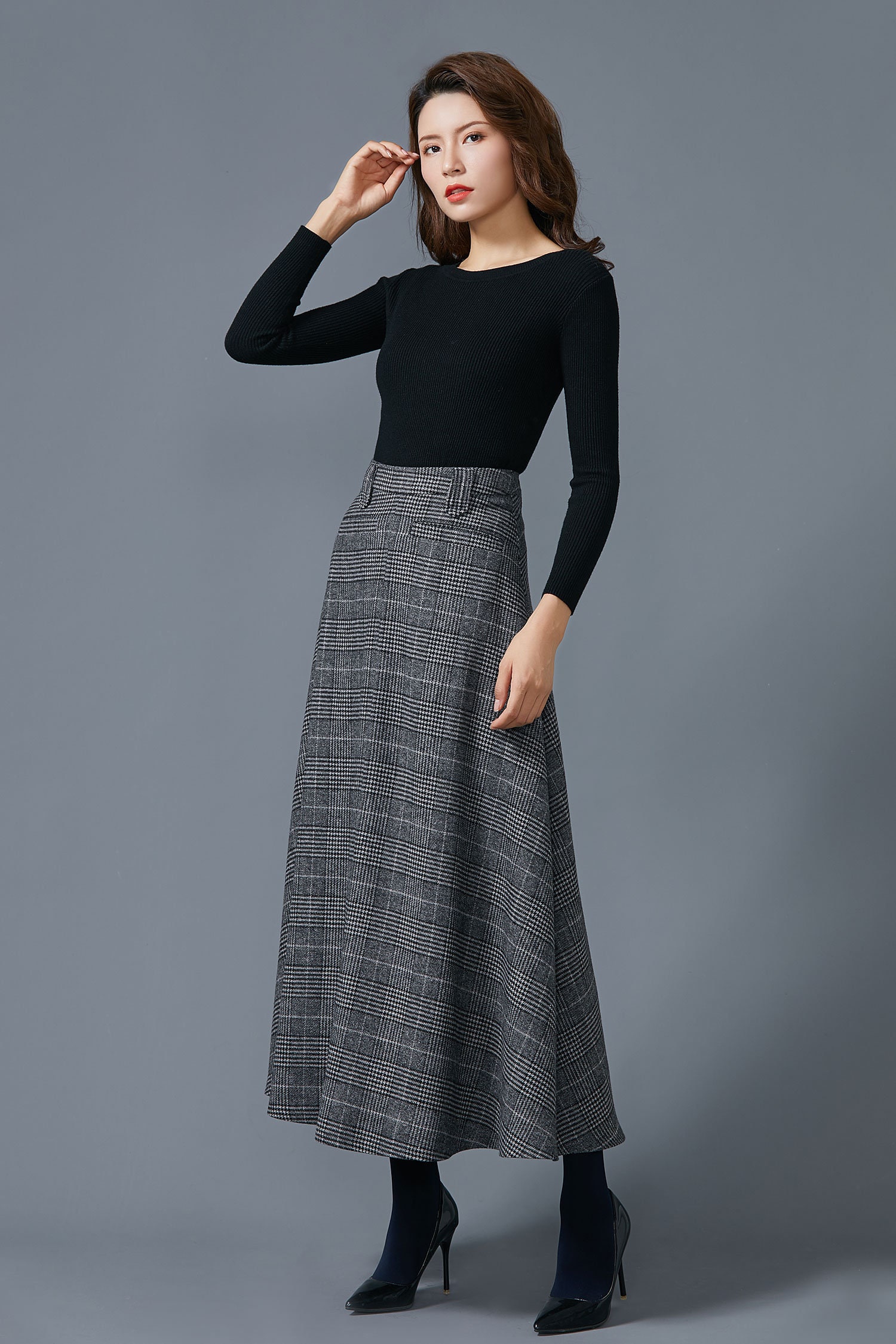 Gray plaid Long wool skirt Winter womens skirt A Line wool | Etsy