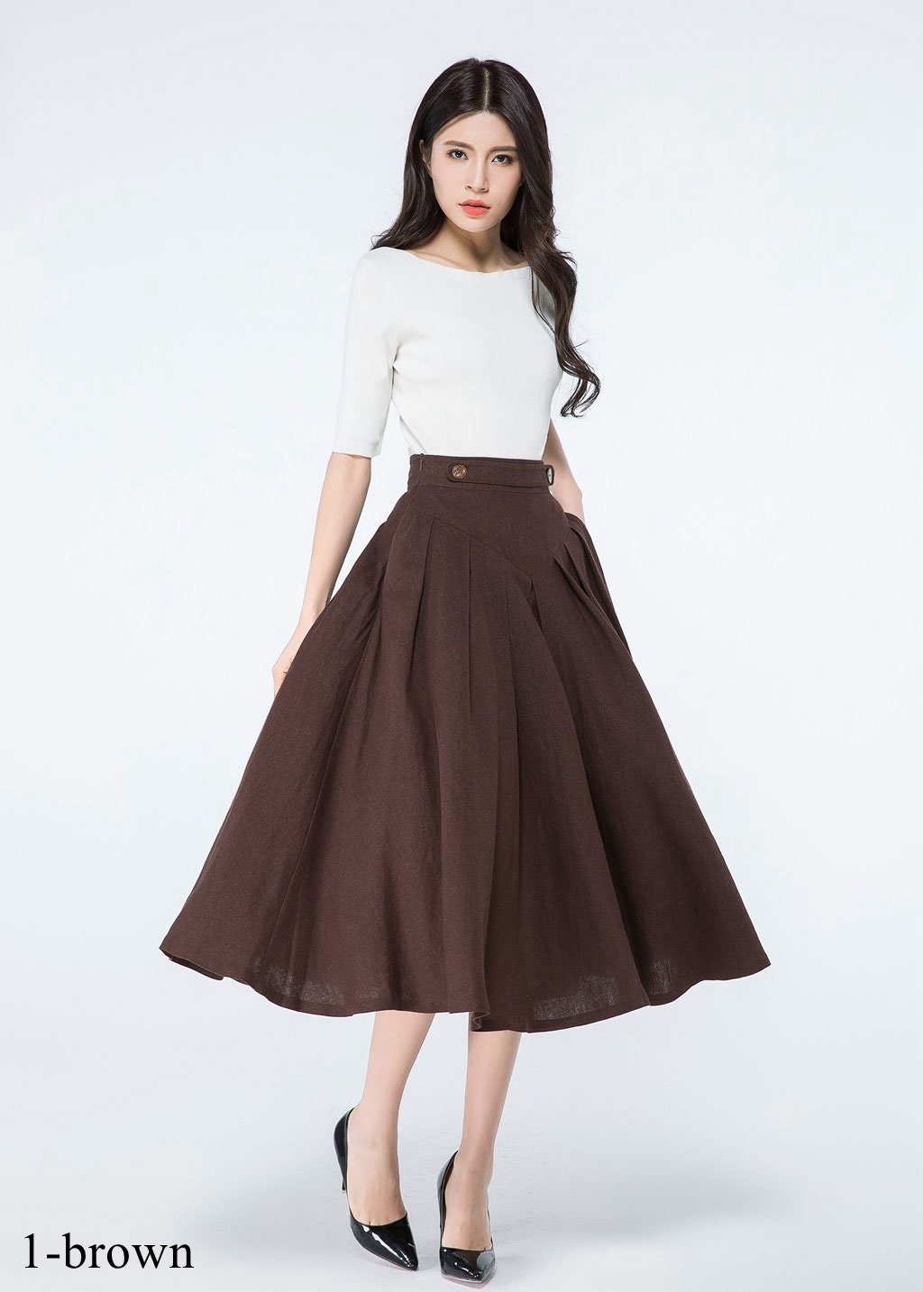 Brown pleated linen midi skirt a line skirt womens circle Etsy