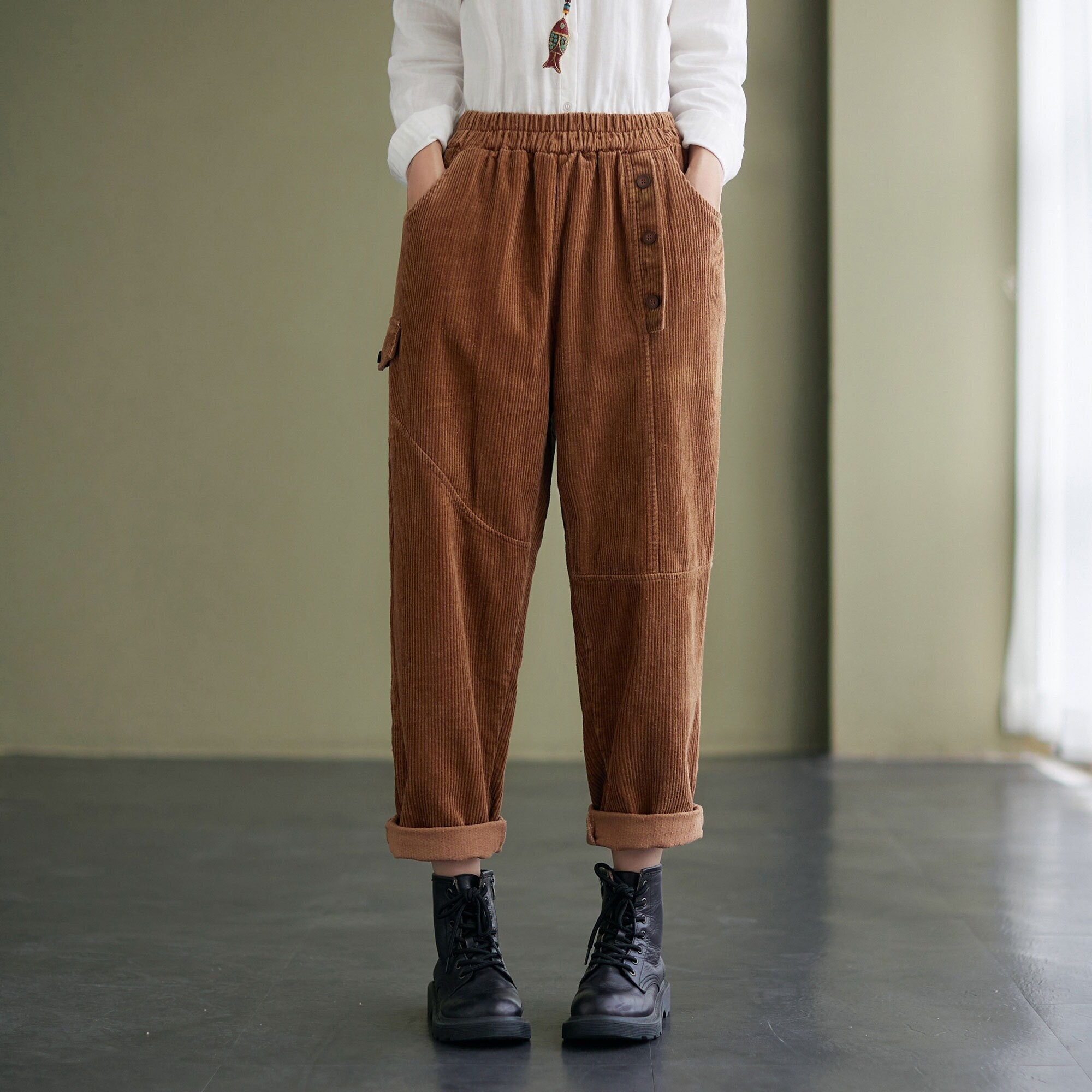 Casual Brown Corduroy Pants for Women, Long Pants, Plus Size