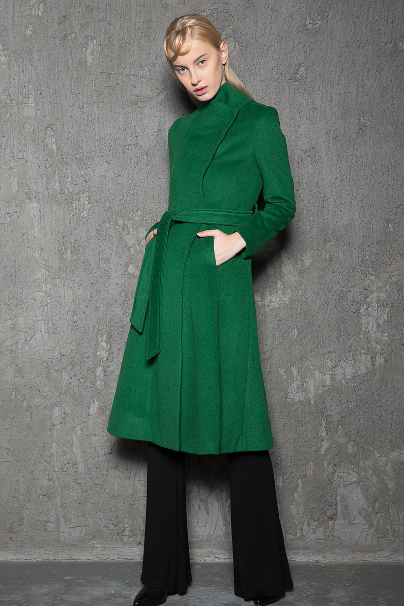 Wool coat women, Winter coat women, green coat, Asymmetrical wool coat, Belted coat, Long wool coat, Autumn Winter outerwear C713 image 2