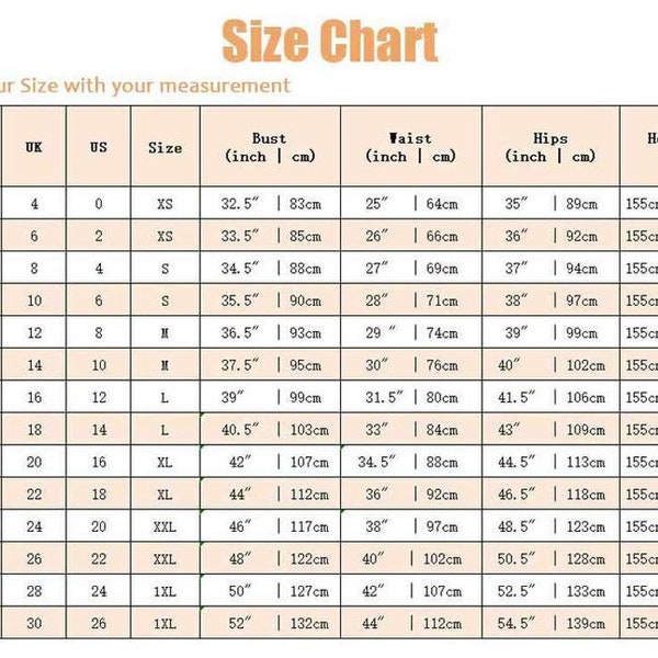 Size Guide, Size Chart, Custom made order, Extra fee