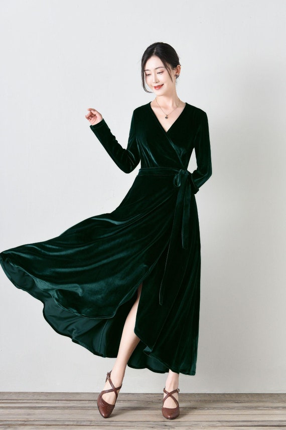 Long Velvet Wrap Dress With Belt, Green Velvet Dress, V Neck