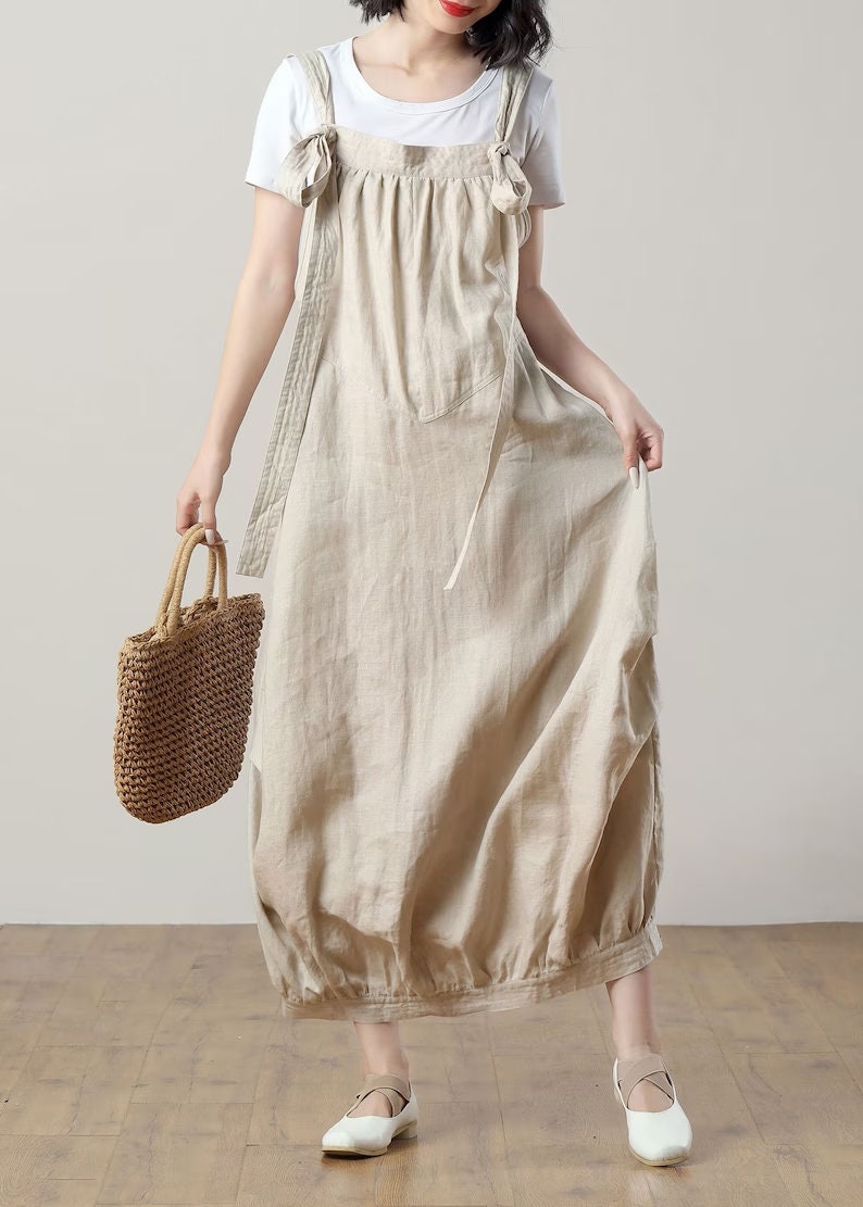 Ylistyle Linen Pinafore Dress, Blue Long Suspender Dress with Bud Shape Skirt, Loose Fitting Midi Dress, Summer Suspender Dress, Gift for Mom C278 Ylistyle Linen Pinafore Dress, Blue Long Suspender Dress with Bud Shape Skirt, Loose Fitting Midi Dress, Summer Suspender Dress, Gift for Mom C278