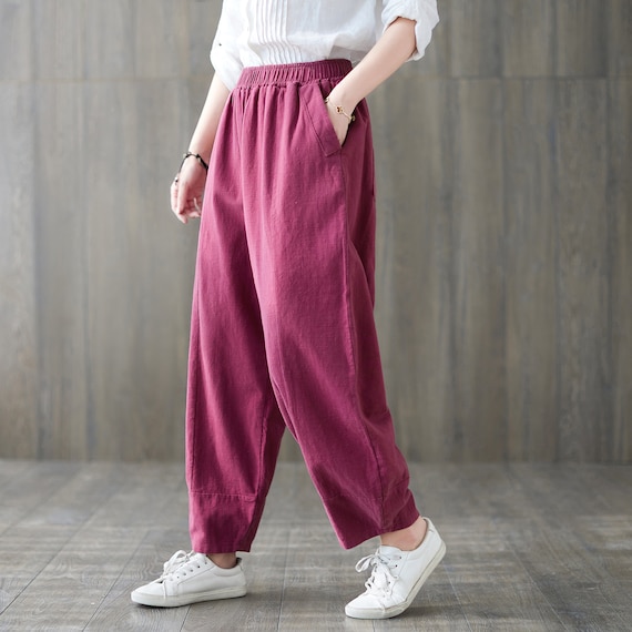 Women's High-rise Pull-on Linen Pants, Plus Size Wide Leg Pants