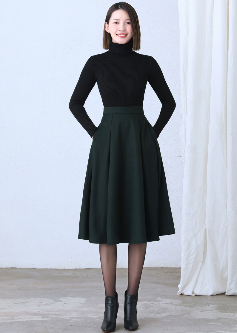 Gray wool skirt, Autumn winter Midi wool skirt, winter skirt women, Gray Wool Skirt with pockets, A Line wool skirt, wool clothing C1003 green