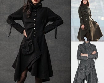 Asymmetrical Gothic Winter Coat Women, Black Wool Pixie Coat, Contemporary Unique Design Coat Large Pocket, Military Coat Ylistyle C795