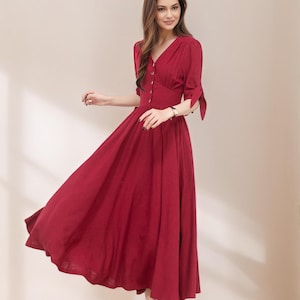 Women's Casual Red Cottagecore Dress, Spring Linen Midi Dress, French Minimalist Cotton-Linen Dress, Boho date Dress, Ylistyle C4771 image 1