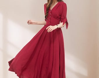 Women's Casual Red Cottagecore Dress, Spring Linen Midi Dress, French Minimalist Cotton-Linen Dress,  Boho date Dress, Ylistyle C4771