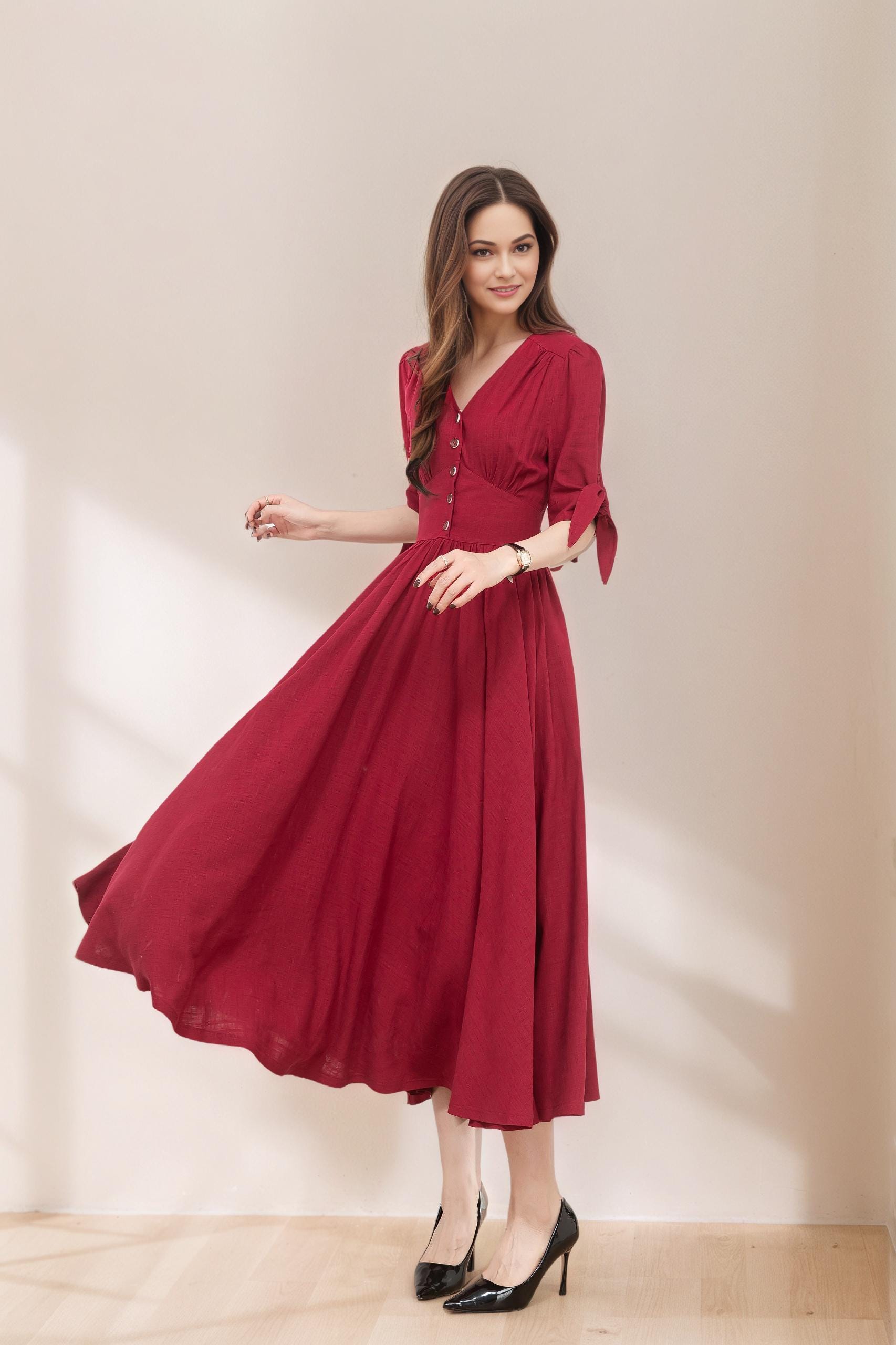 red casual dress near me Wine Linen Midi with Fit and Flare V-Neck Design burgundy / Custom Order Size:Adult | 43|R Duck Egg Blue Bridesmaid spring cute dress Floral inspired rust red linen