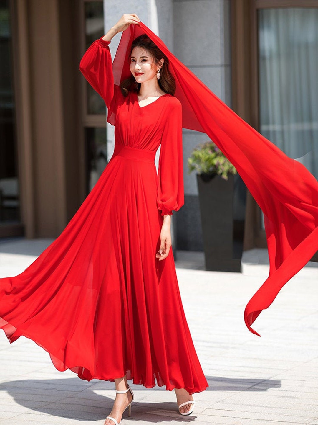 Women Formal Red Chiffon Dress / Swing Maxi Dress/ Summer - Etsy