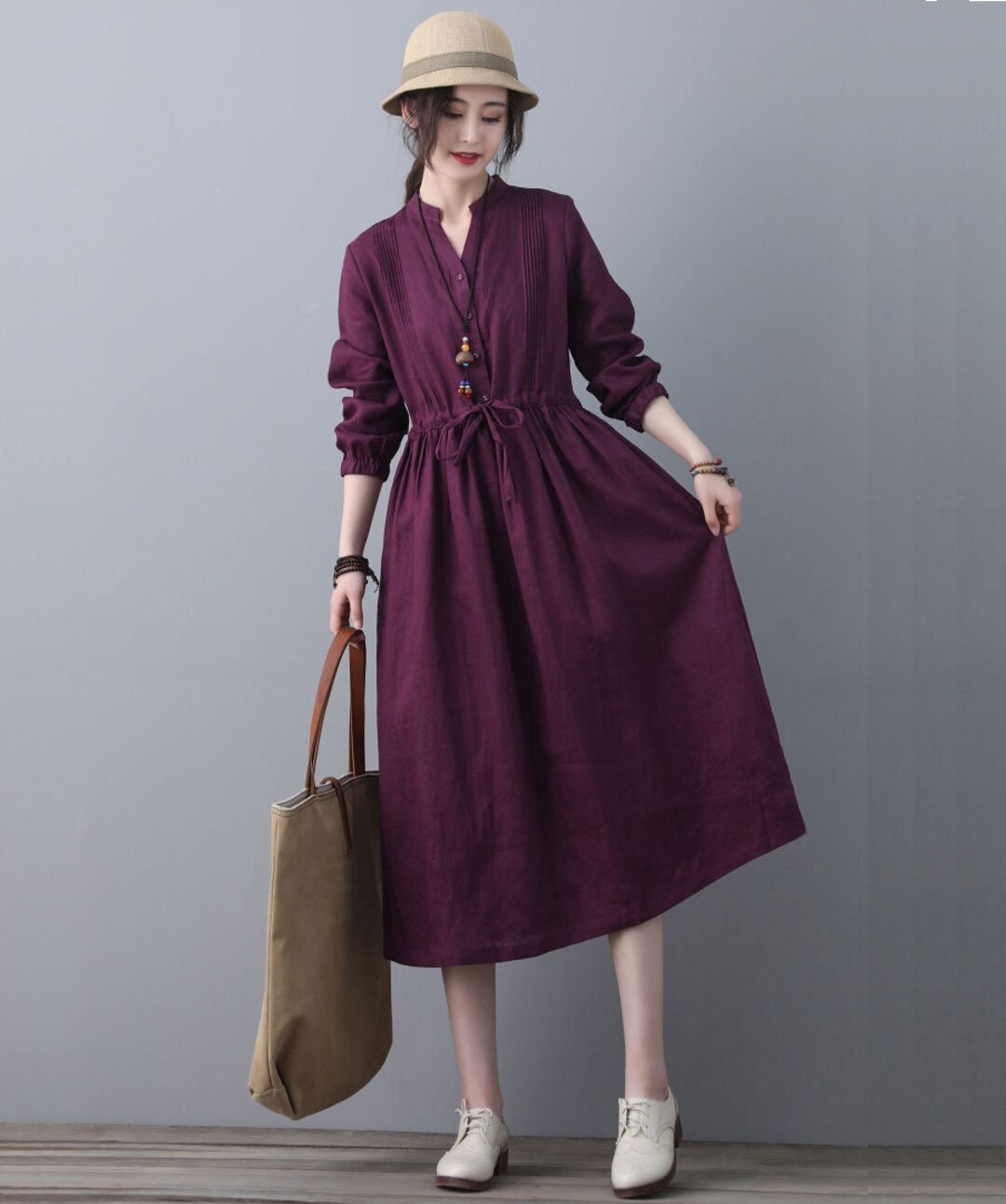 Purple organic linen off shoulder short dress main image 0
