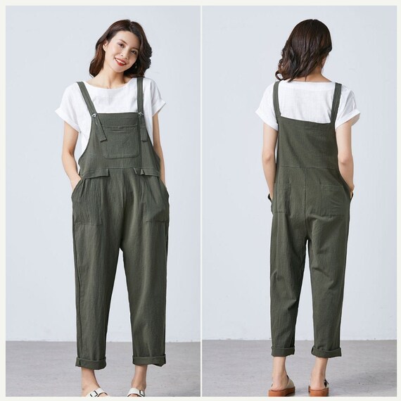 green linen dungarees