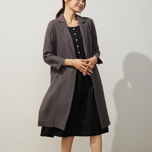 Cappotto di lino, giacca di lino Midi da donna, giacca di lino casual, giacca a maniche lunghe, giacca a camicia grigia, giacca di lino semplice, cappotto fatto a mano C3940 immagine 3