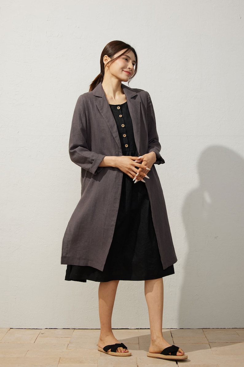 Cappotto di lino, giacca di lino Midi da donna, giacca di lino casual, giacca a maniche lunghe, giacca a camicia grigia, giacca di lino semplice, cappotto fatto a mano C3940 immagine 3