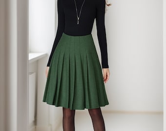 Wool Skirt, Green Wool Midi Skirt Women, Circle Pleated Wool