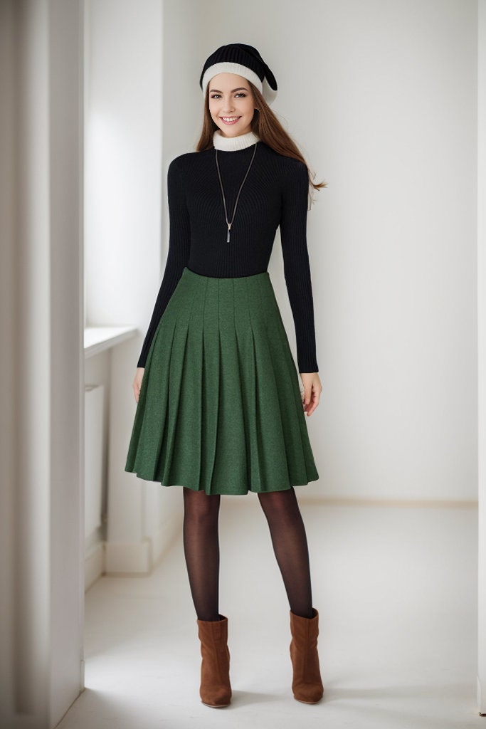【LOULOUSEOUL】Joy Wool Check Midi Skirt (Green) Wool Skirt, Green Wool Midi Skirt Women, Circle Pleated Wool