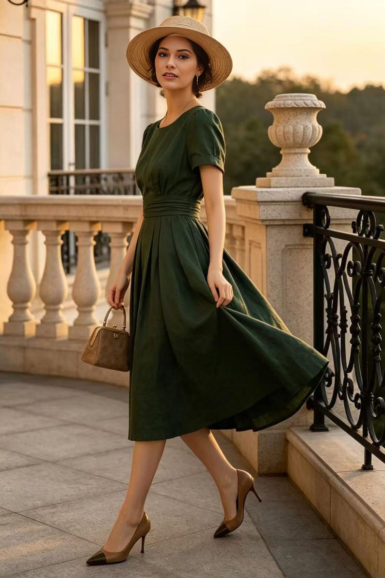 May include: A dark green midi dress with short sleeves, a round neckline, and a pleated skirt. The outfit includes a wide-brimmed straw hat, a small brown structured handbag with a metal clasp, and two-tone brown and black pointed-toe heels.