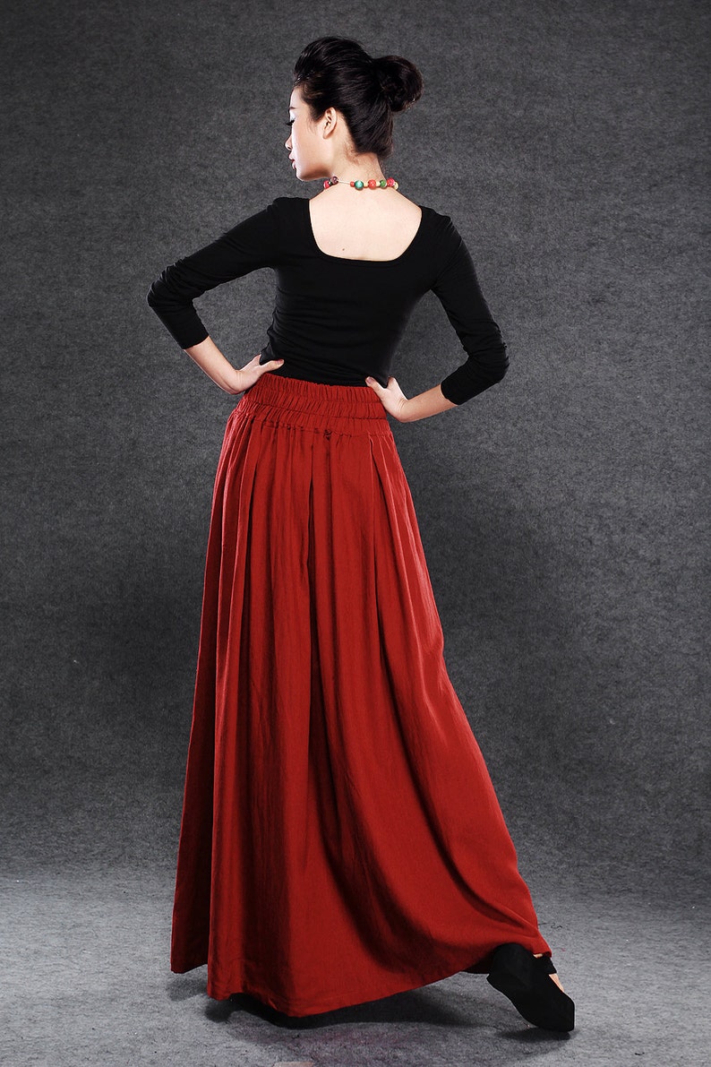 Red linen skirt, maxi skirt with pockets, high waisted skirt with wide waist band, full skirt, spring skirt, ladies skirt C054 image 3