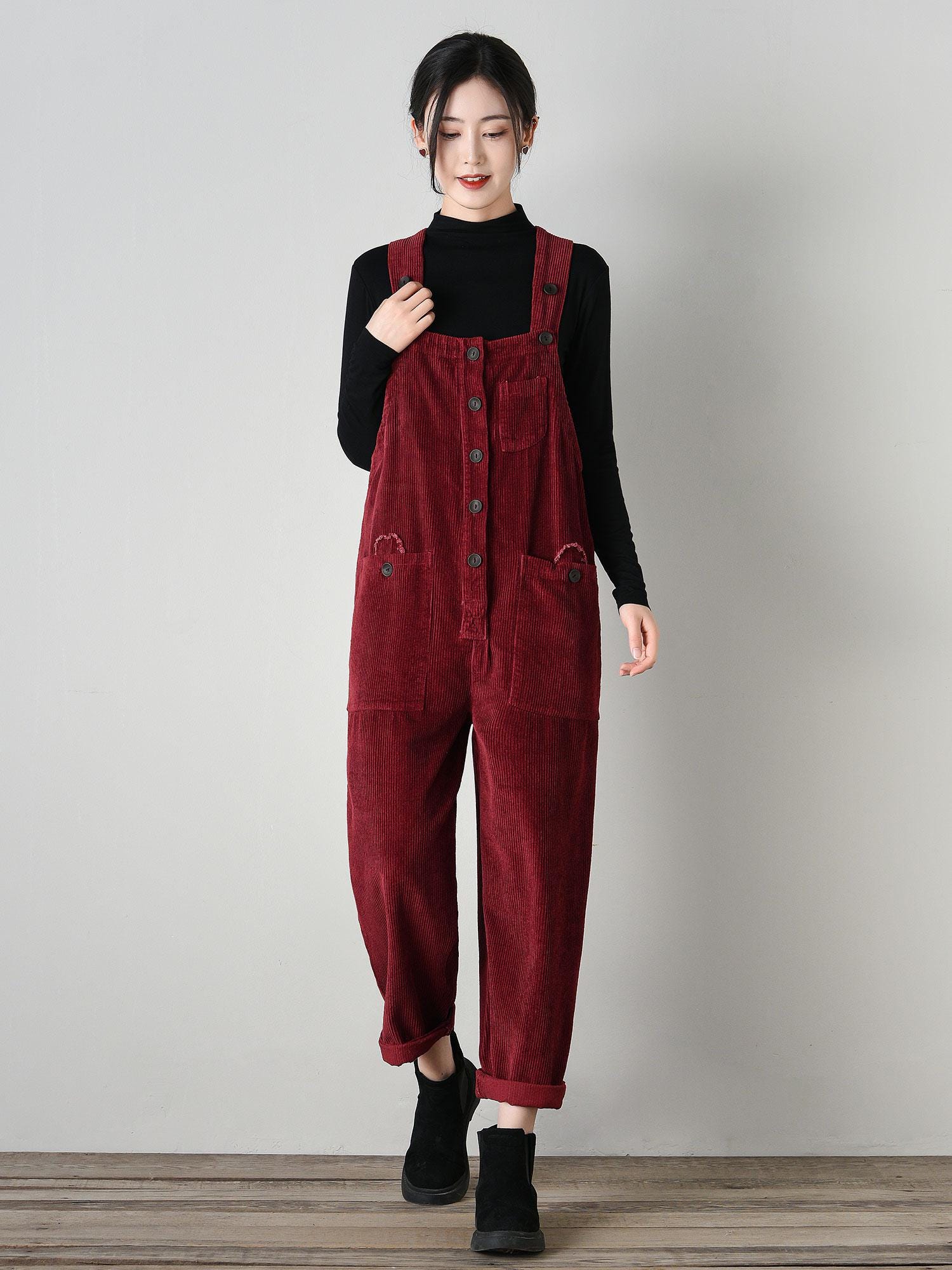 Vintage-style Corduroy Jumpsuit for Women - Red Overalls