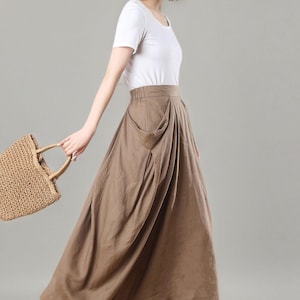 Linen Maxi Skirt, Khaki Asymmetrical Skirt with Pockets, Ylistyle C3272 image 3