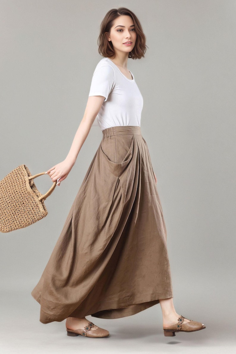 Linen Maxi Skirt, Khaki Asymmetrical Skirt with Pockets, Ylistyle C3272 image 3