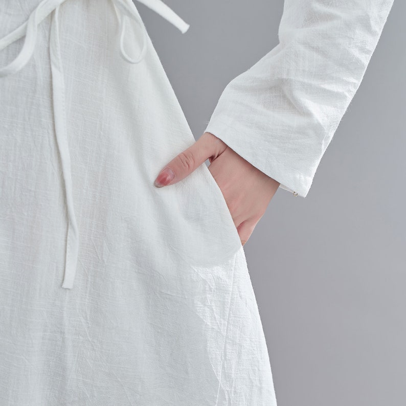 White Linen Maxi Dress, Casual Long Sleeves Maternity Dress, womens dress with drawstring wasit, Plus Size dress, Oversized Dress C1836 image 7